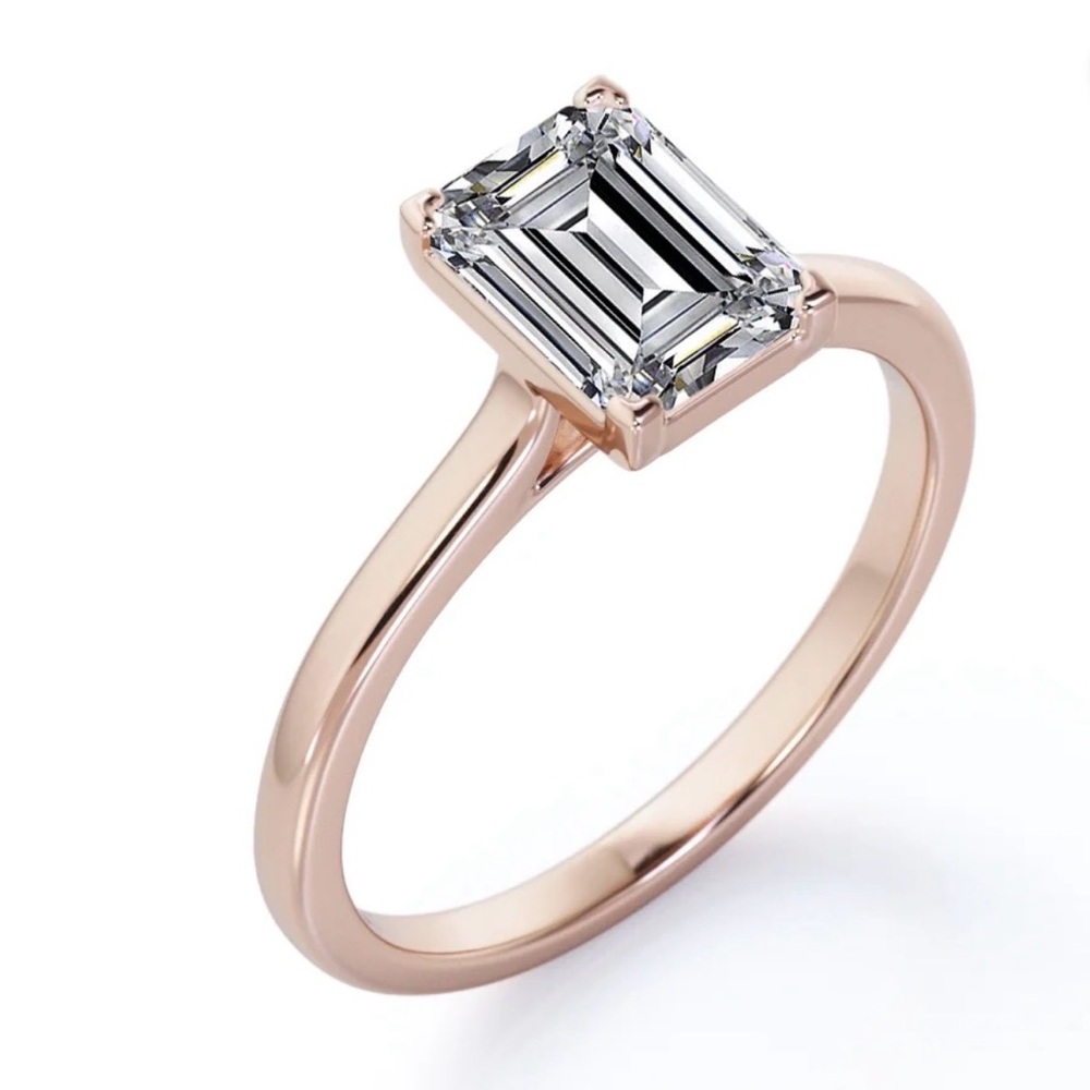 NWT-2 CT Emerald Cut Solitaire Set Ring - 18K Rose Gold Plating over Silver